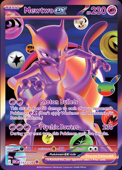 Mewtwo ex Futuristic Rare from Pokémon TCG 30th Celebration, illustrated by YOSHIROTTEN