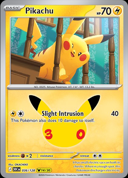 Pikachu (14/30) from Pokémon TCG 30th Celebration, illustrated by OKACHEKE