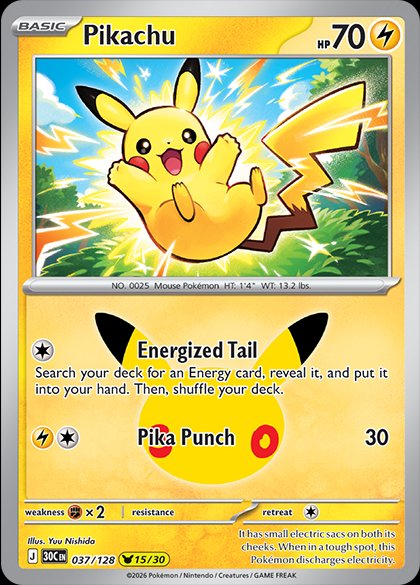Pikachu (15/30) from Pokémon TCG 30th Celebration, illustrated by Yuu Nishida