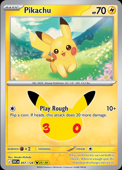 Pikachu (25/30) from Pokémon TCG 30th Celebration, illustrated by Atsuko Nishida