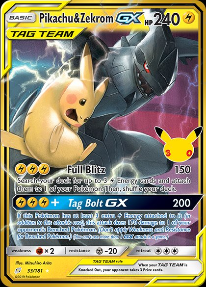 Pikachu & Zekrom-GX classic reprint with the 30th Celebration stamp