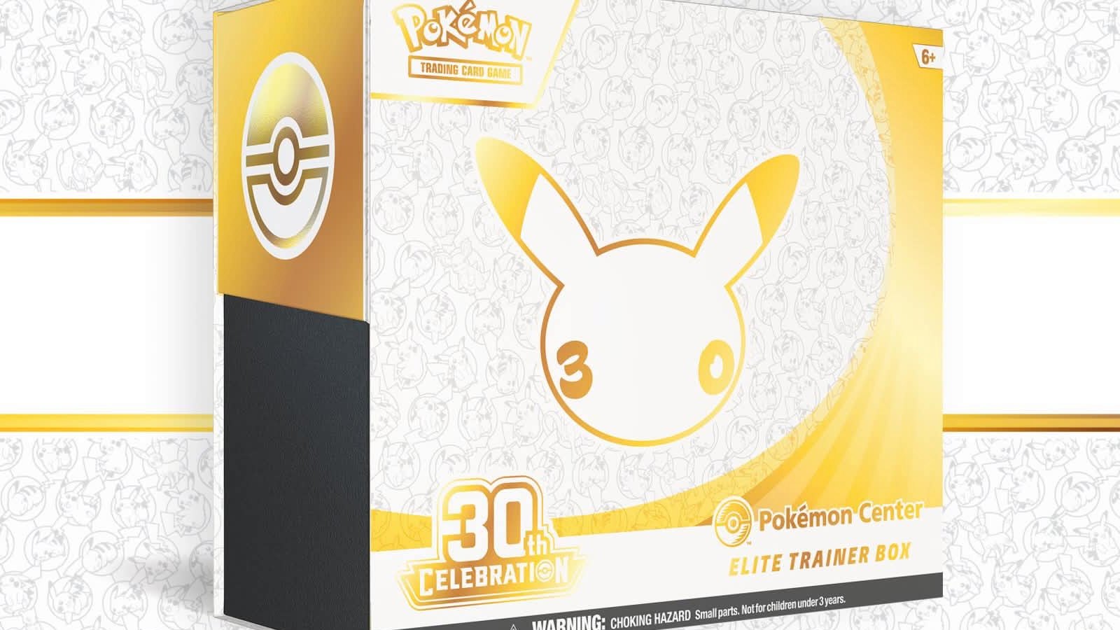 Pokémon TCG 30th Celebration Pokémon Center Elite Trainer Box, white and gold with the Pikachu "30" anniversary logo