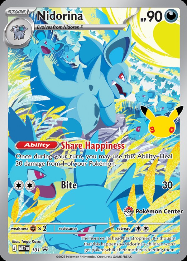 Nidorina full-art promo card with Pokémon Center logo from the 30th Celebration Pokémon Center Elite Trainer Box